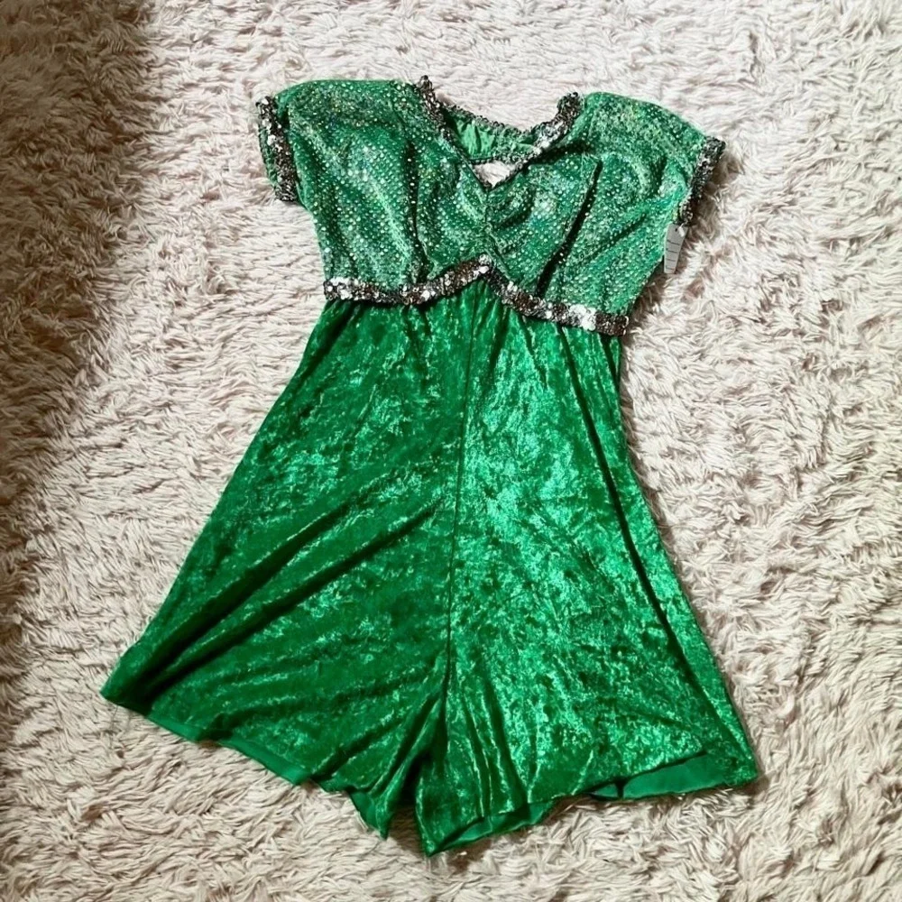 Vintage 80s Velvet Sequins Dance Dress Up Costume Babydoll Romper Womens 14 Glam